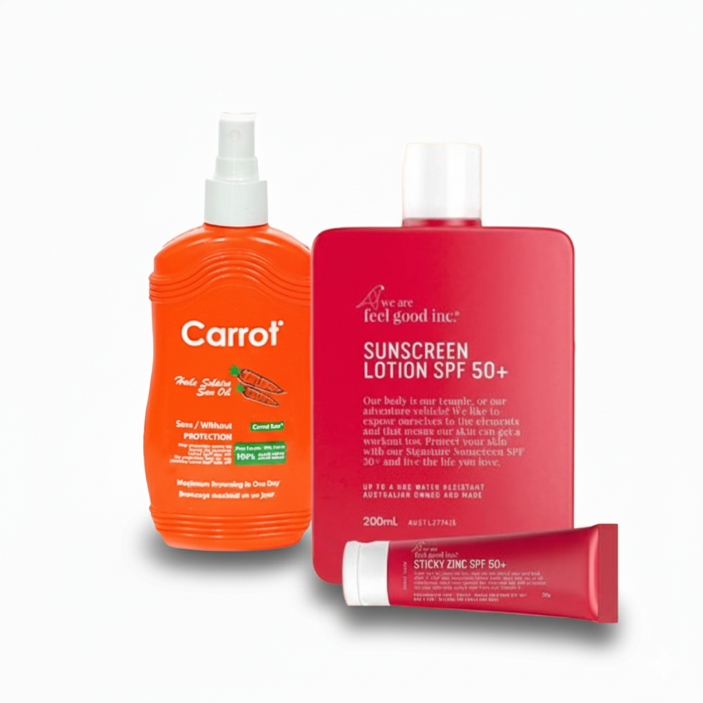 Carrot Sun Carrot Tanning Oil Spray 200ml + We Are Feel Good Inc. Sunscreen Lotion SPF 50+ 200ml + Sticky Zinc SPF 50+ 50g - Tanning Essentials Bundle