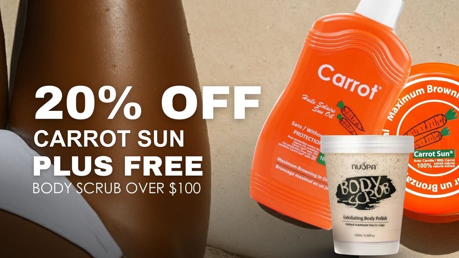 20% Off Carrot Sun Plus Free Body Scrub Over $100