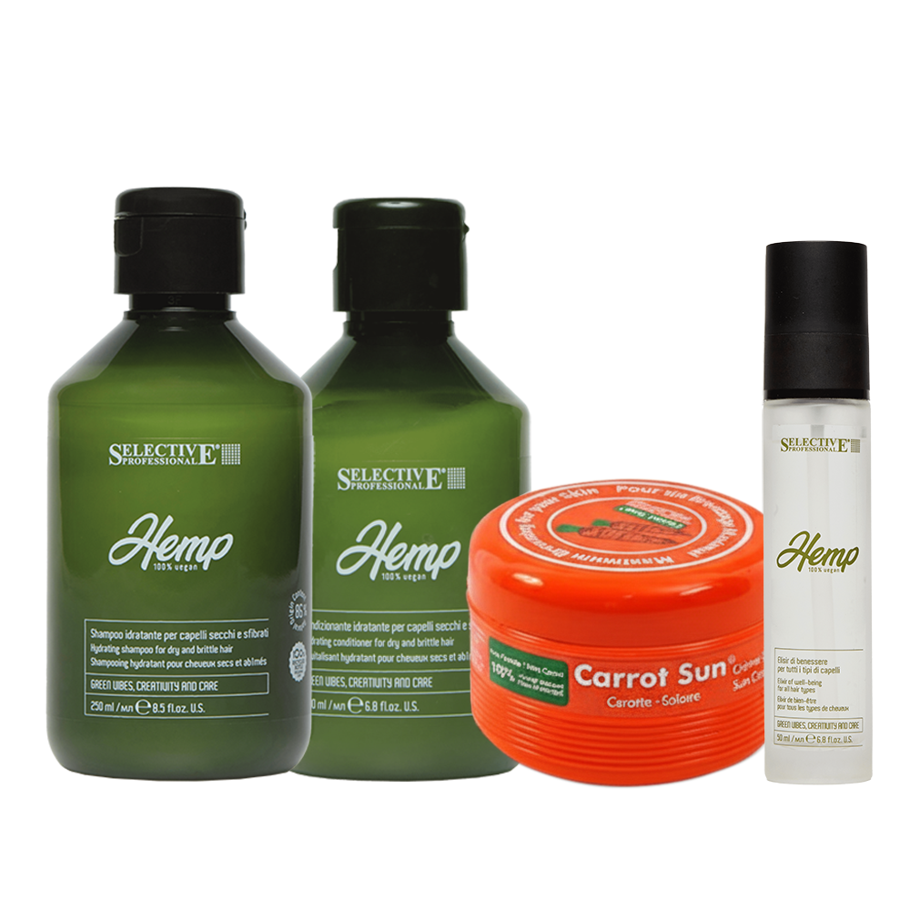 Selective Professional Hemp Shampoo + Conditioner + Carrot Sun Cream + Elixir Serum
